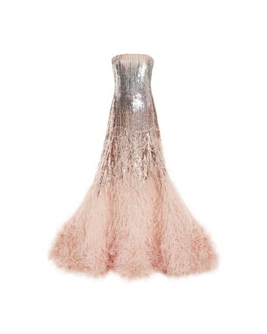 Oscar de la Renta Pink Feathered Silk Gown