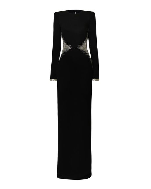 Naeem Khan Black Beaded Waist Long Sleeve Crepe Column Gown