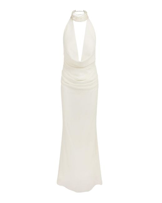 De La Vali White Profiterole Draped Silk Maxi Dress