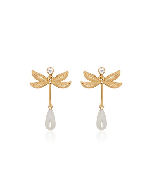 Oscar de la Renta Metallic Double Wing Dragonfly Pewter And Pearl Earrings