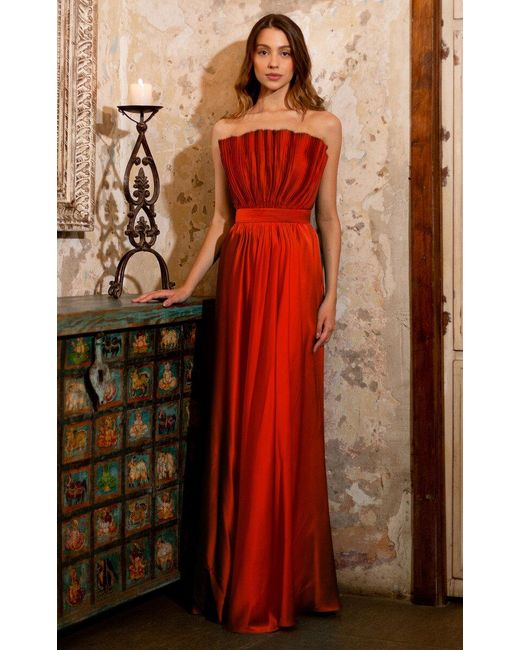 ANDRES OTALORA Red Cocora Pleated Silk Gown