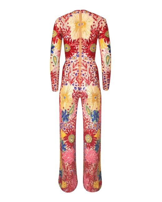 Naeem Khan Red Abstract Floral Beaded Jumpsuit