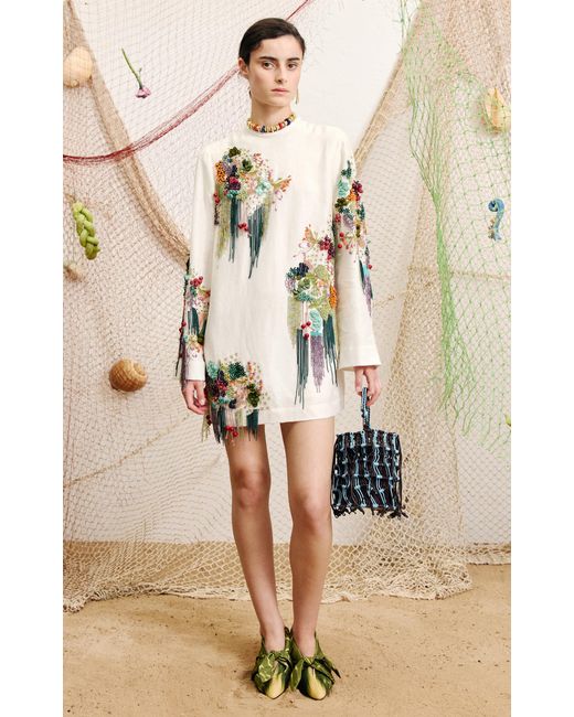 ALÉMAIS Natural Florencia Beaded Linen-Blend Mini Dress
