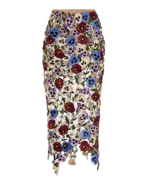 Oscar de la Renta Multicolor Embroidered Pansy-appliquéd Tulle Midi Skirt