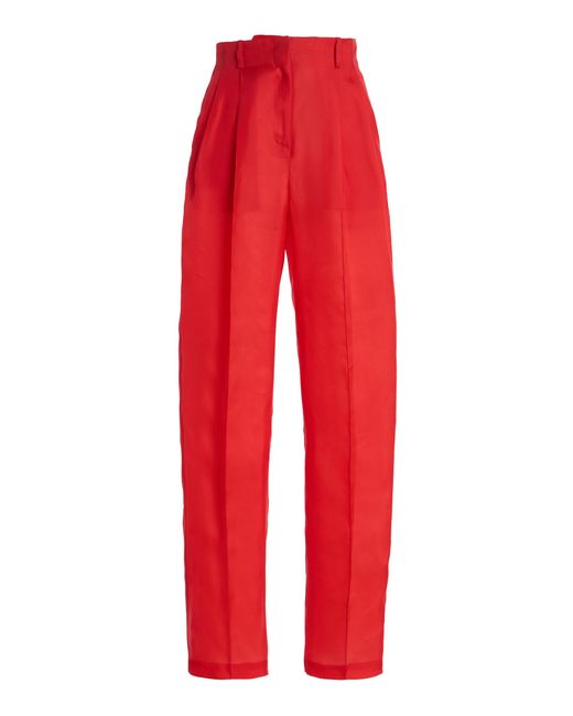 Atelier Prabal Gurung Red High-Rise Satin-Faced Organza Straight-Leg Pants