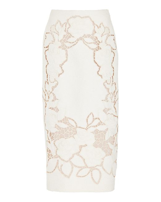 Oscar de la Renta White Floral Tweed Midi Skirt