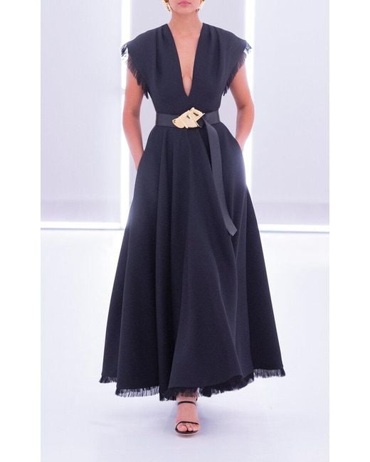 Brandon Maxwell Black The Irena Fringed Wool-silk Maxi Dress