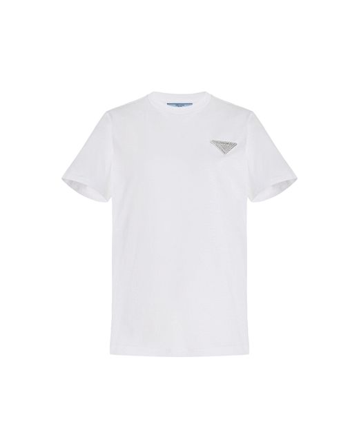 Prada White Logo-crystal Cotton T-shirt