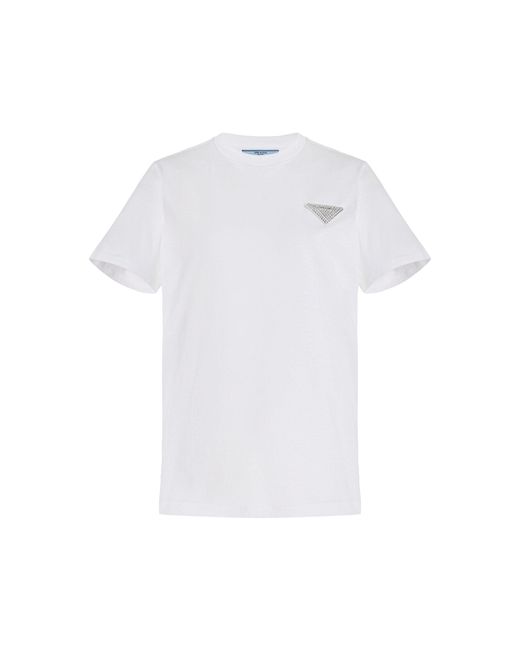 Prada Logo-crystal Cotton T-shirt in White