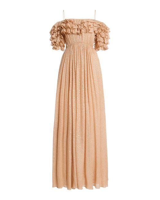 Ulla Johnson Natural Persephone Off-The-Shoulder Metallic Silk-Blend Gown