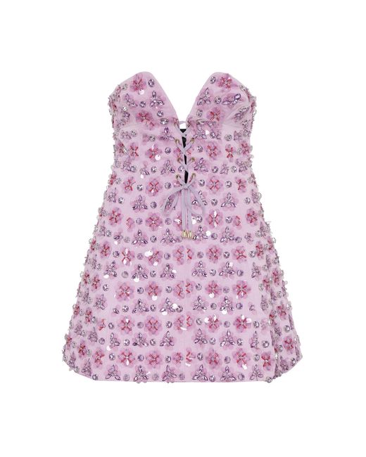 DES_PHEMMES Pink Crystal-embellished Lace-up Cotton Mini Dress