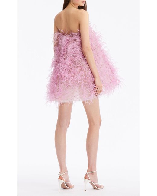 Oscar de la Renta Pink Strapless Feather Embroidered Dress