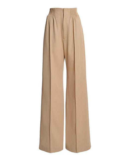 Chloé Natural Shirred High-rise Wool Gabardine Wide-leg Pants