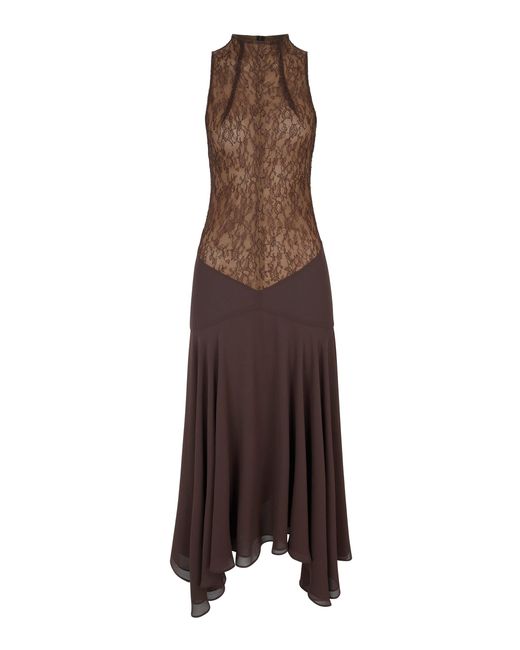 De La Vali Brown Chandra Lace And Chiffon Midi Dress