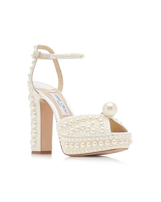 Jimmy Choo White Sacaria Pearl-Embellished Satin Platform Sandals