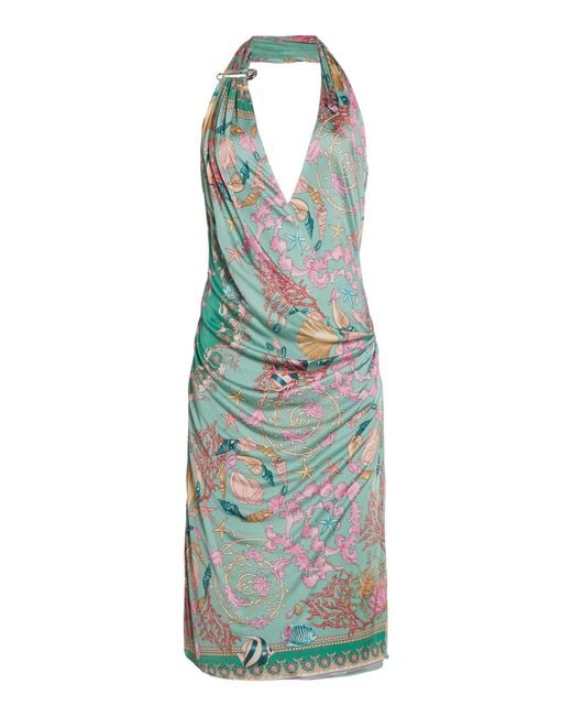 Versace Blue La Vacanza Printed Jersey Halter Midi Dress