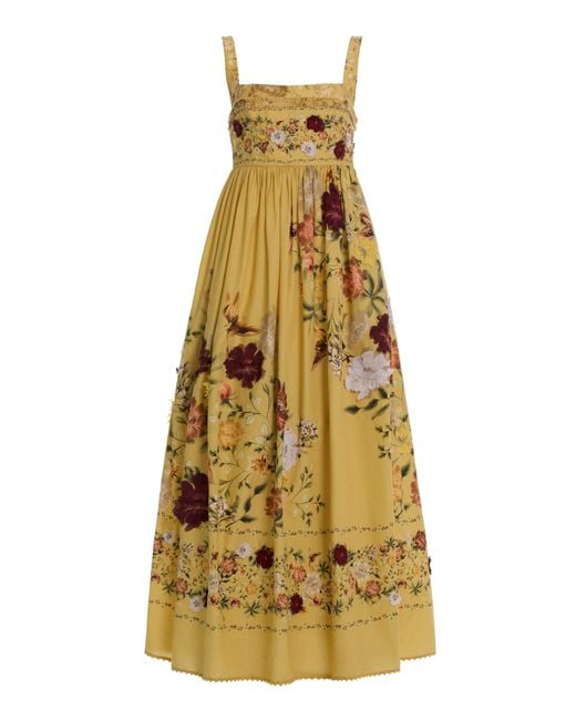 Agua Bendita Yellow Barbara Embroidered Cotton Midi Dress