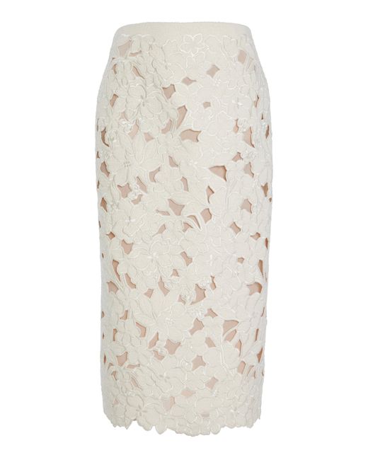 Oscar de la Renta Natural Embroidered Cutout Tweed Midi Skirt