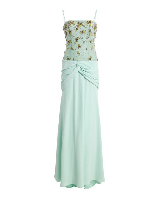 Costarellos Natural Nissa Crepe Embroidered Tulle Gown