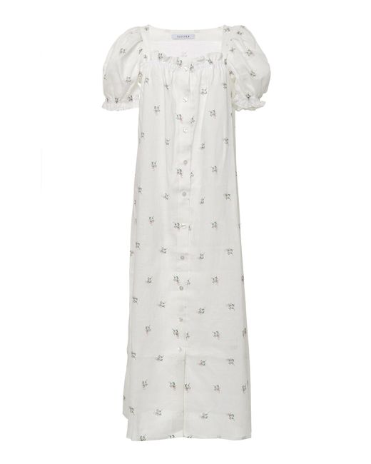 Sleeper White Brigitte Linen Flower Printed Long Dress