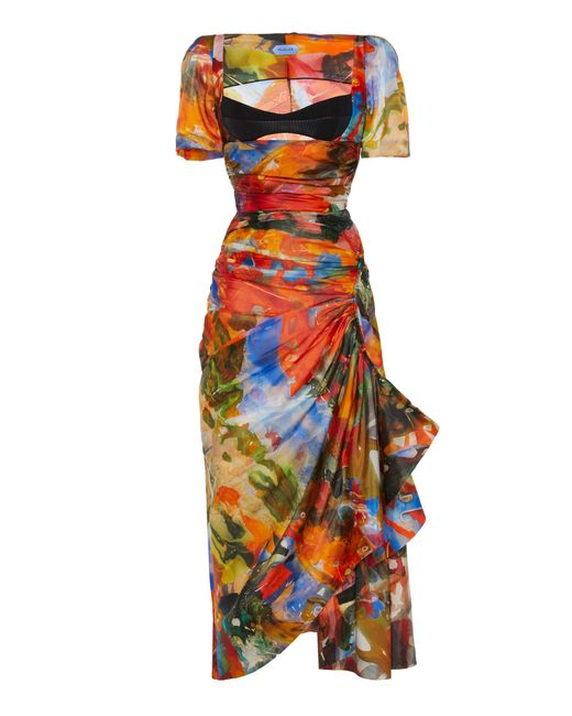 Mugler Multicolor Draped Bustier Satin Midi Dress