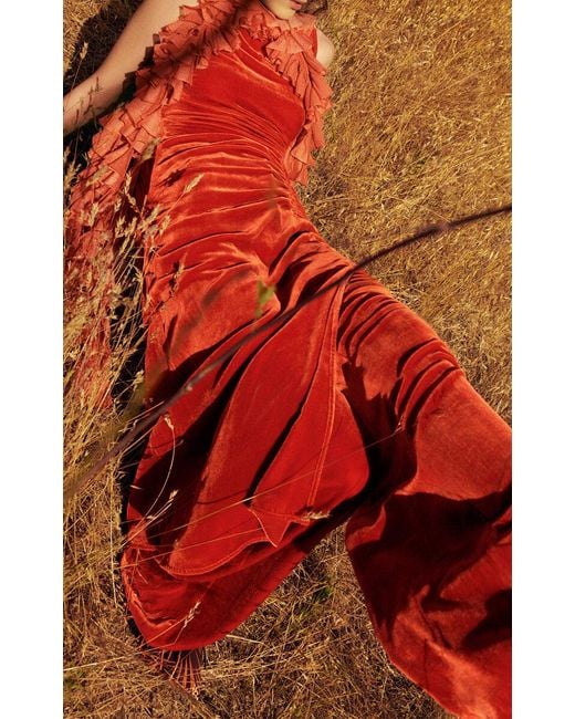 Ulla Johnson Red Cornelia Ruched Velvet Midi Dress