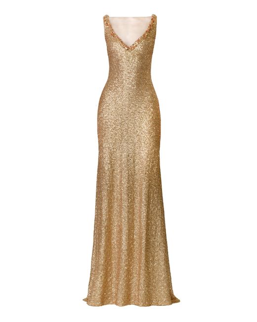 Naeem Khan Natural Illusion V-Neck Sleeveless Stretch Sequin Gown With Crystal Trim