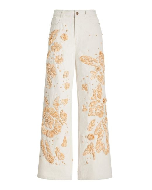 Cult Gaia Natural Jarli Embroidered Cotton Wide-leg Pants