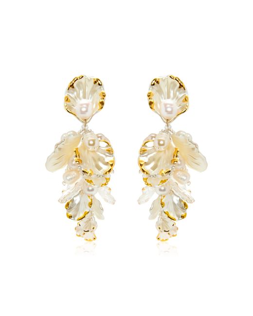 Oscar de la Renta Metallic Large Mixed Petal & Pearl Drop Earrings