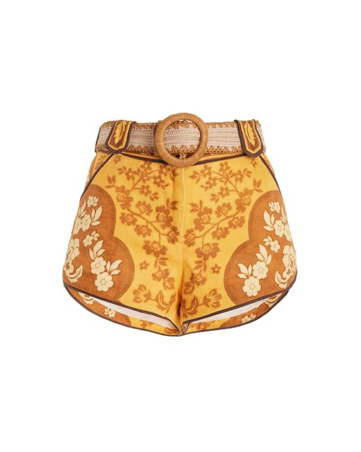 Zimmermann Yellow Raie Belted Floral Linen Mini Shorts