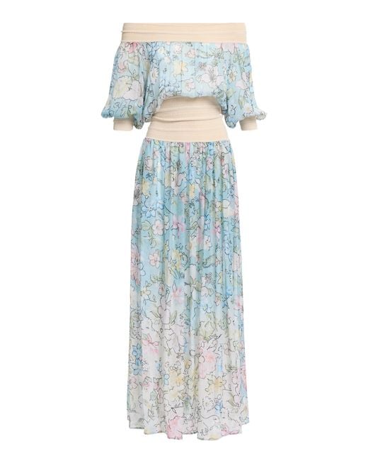 Elie Saab Blue Printed Chiffon Long Dress With Knit Trim