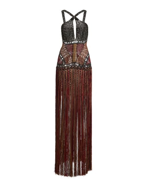 Andrea Almeida Brown Savannah Crocheted Fringe Maxi Dress