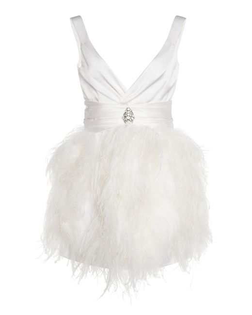 Alessandra Rich White Feather-embellished Silk Satin Mini Dress