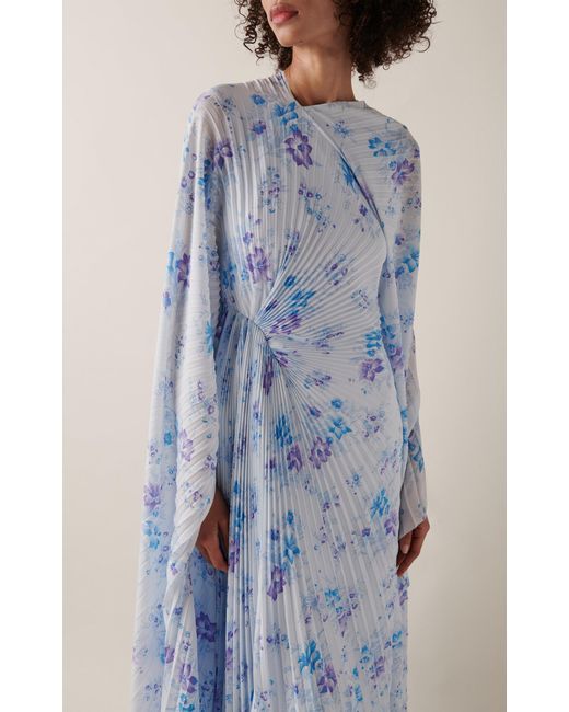 Balenciaga Blue Floral Plisse Maxi Cape Dress