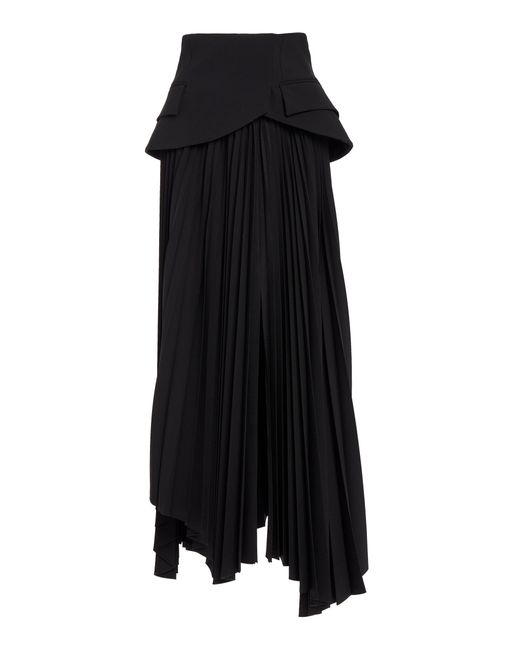 A.W.A.K.E. MODE Black Basque-detailed Pleated Wool Maxi Skirt