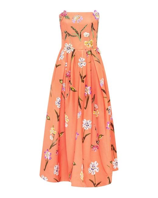 LEO LIN Lynn Bustier Midi Dress - Wild Flower In Coral in Orange | Lyst