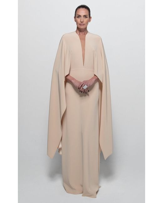 Stephane Rolland Natural Ce Soir Crepe Satin Cape Maxi Dress