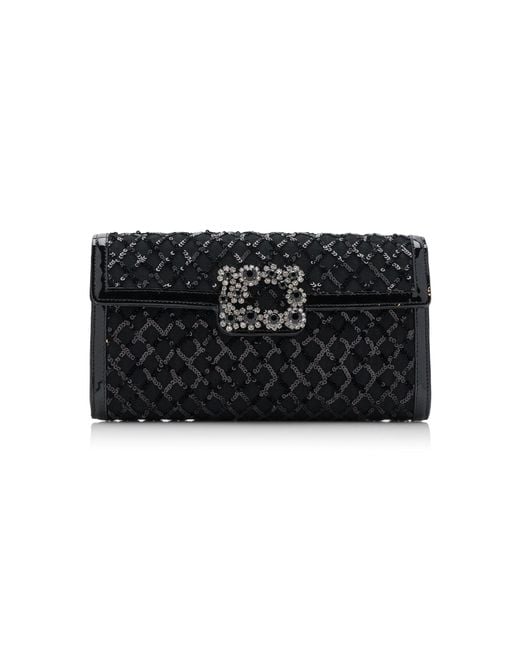 Roger Vivier Black Flower-buckle Sequined Patent Leather Clutch