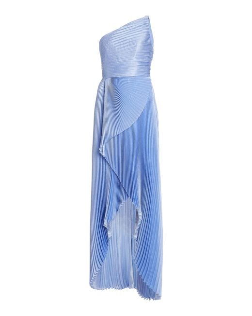 SemSem Blue One-shoulder Asymmetric Pleated Silk And Lurex-blend Gown