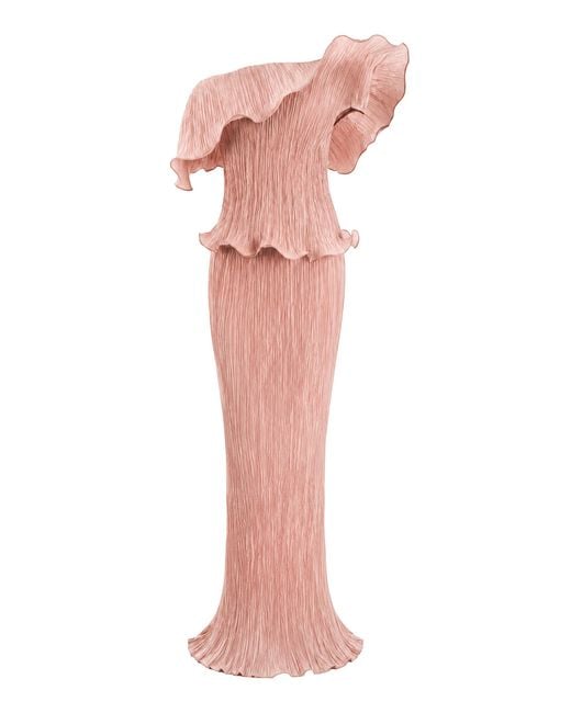 Marmar Halim Pink Exclusive Off-The-Shoulder Plissè Gown