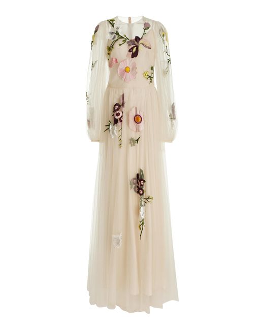 Monique Lhuillier Natural Floral-embroidered Tulle Gown