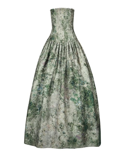 Maria Elena Villamil Green Camelia Strapless Brocade Maxi Dress