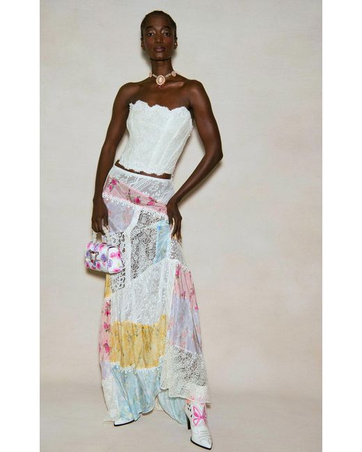 LoveShackFancy Natural Obelia Lace Patchwork Silk Maxi Skirt