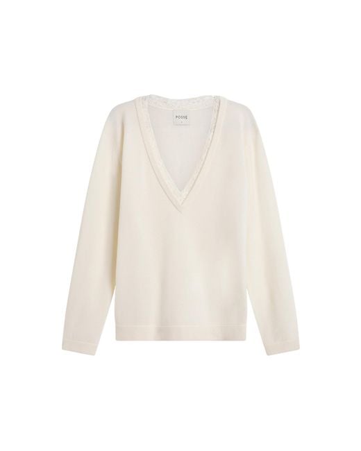 Posse White Primrise Lace-Trimmed Merino Sweater