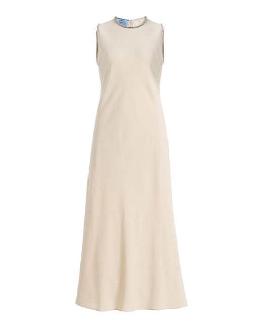Prada Natural Crystal-Trimmed Sablé Midi Dress