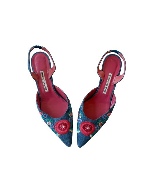 Dear Clementine Vintage Manolo Blahnik Denim Floral Embroidered Pumps
