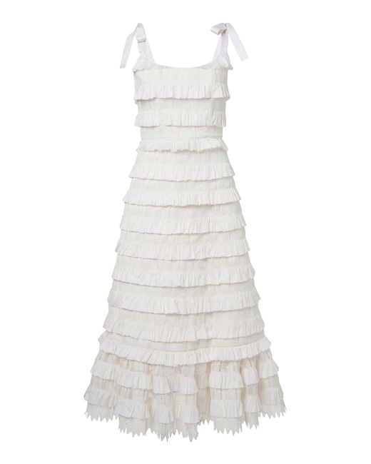 Markarian White Annette Ruffle-trimmed Tiered Midi Dress