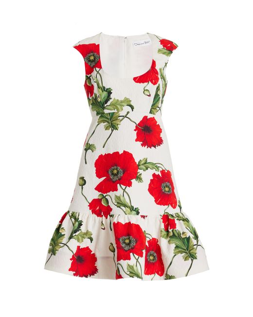 Oscar de la Renta Red Floral Cotton Cloque Mini Dress