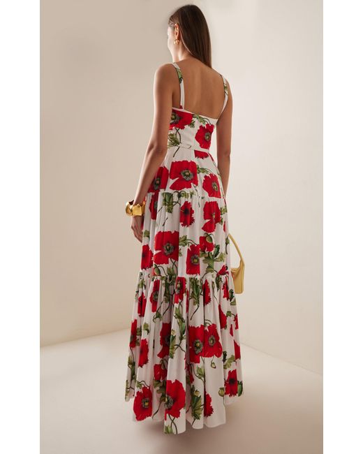 Oscar de la Renta Red Floral-printed Cotton Poplin Maxi Dress