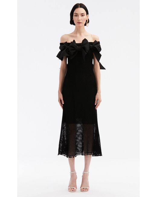 Oscar de la Renta Black Bow-detailed Off-the-shoulder Knit Cotton Midi Dress